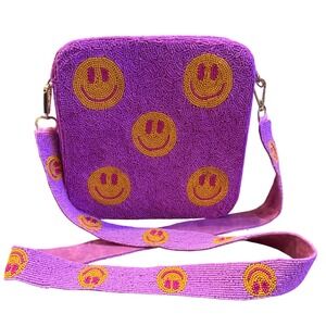 Beaded Smiley Face Rainbow Let's Cheer Each Other On Crossbody Bag Purse